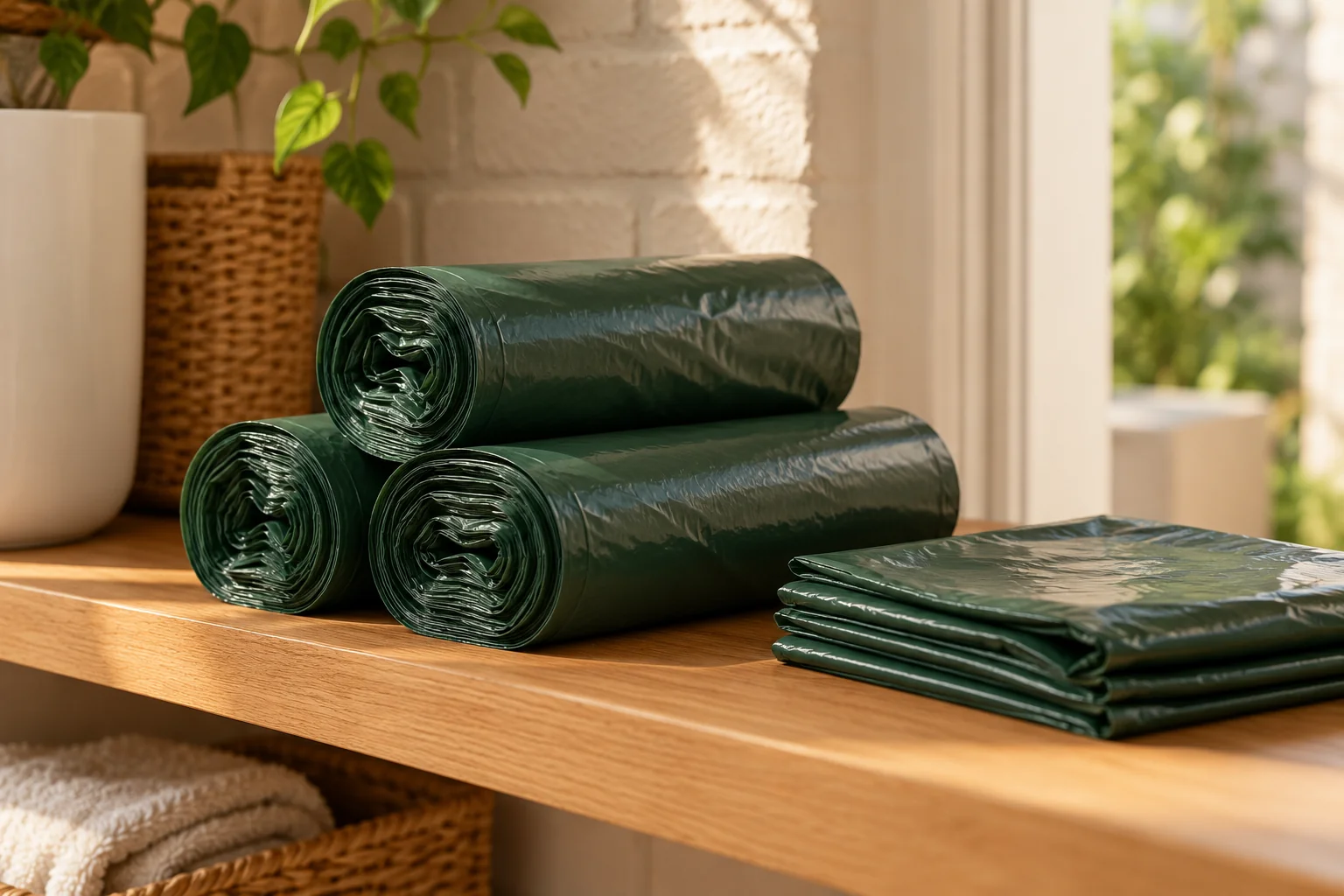 Plain household waste-bag rolls arranged on a timber supply shelf.