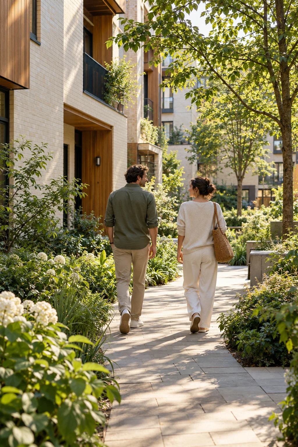 Two adults walking through a leafy residential courtyard in afternoon light.