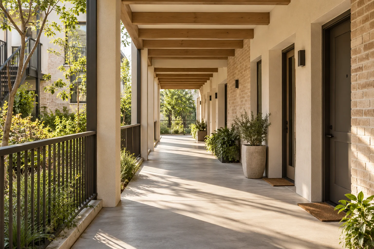 A clear covered apartment breezeway with brick, timber beams, and planting.